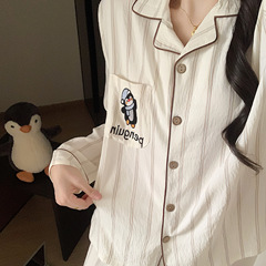 萌趣企鹅天丝棉睡衣女春秋季新款长袖带胸垫卡通可外穿家居服套装