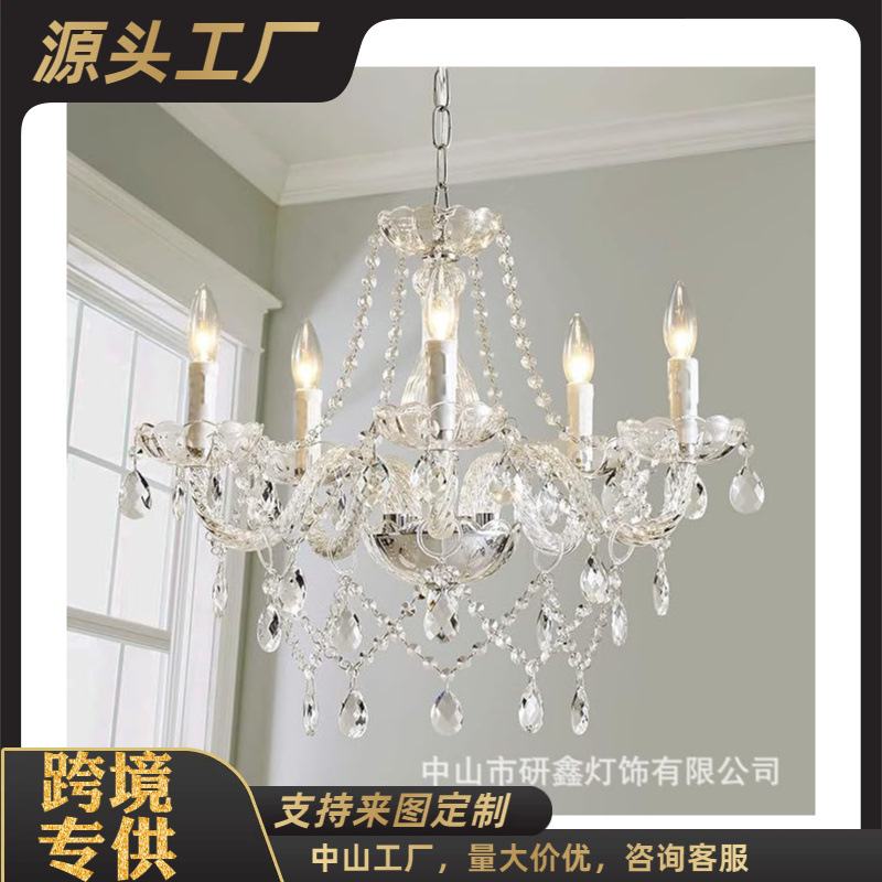Lámpara de cristal de lujo ligera europea moderna francesa dormitorio sala de estar 5 cabezas de vidrio vela de tubo de curva fabricantes de lámparas de restaurante