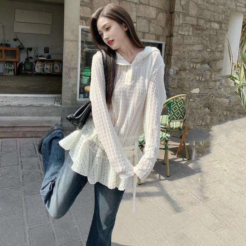 Korean Style Sweet Hooded Collar Slim Long-Sleeved T-Shirt Autum New Sweet and Cool Sexy White Cut Out Long Top Korean Style Sweet Hooded Collar Slim Long-Sleeved T-Shirt Autum New Sweet and Cool Sexy White Cut Out Long Top