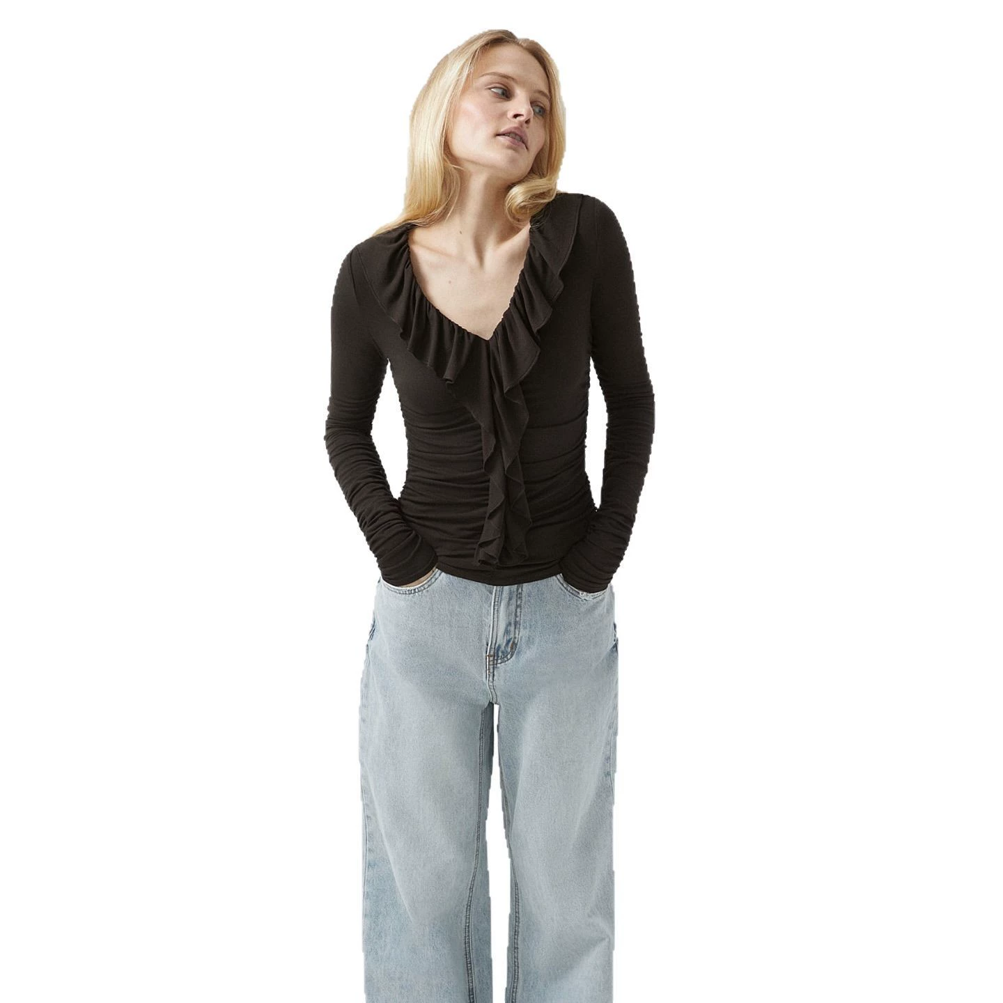 Shiffon design spring three dimensional long-sleeve, V-neckline