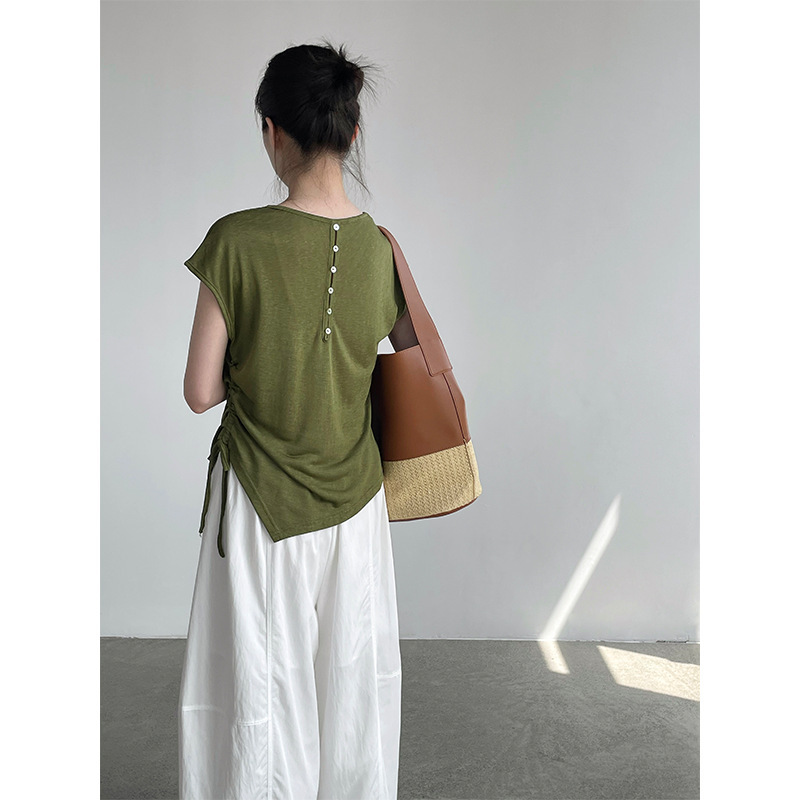 Taochuan【Current Collection】Summer Slimming Waist-Cinching Back-Design T-Shirt for Women V-Neck Drawstring Top H99018