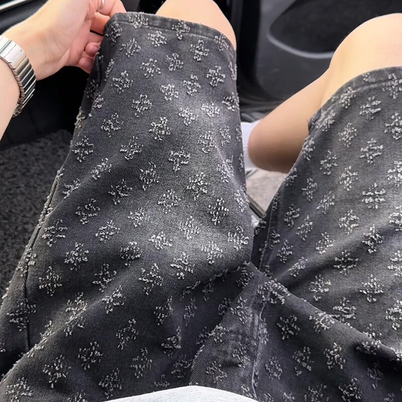 Ripped Jacquard Black Denim Shorts Men's Summer American High Street Washed Five-Point Pants High-End Thin Mid-Pants