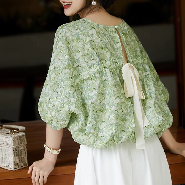 Flowers and Fairy Summer Letters" Bat Sleeve Bow Knot Lace Small Top…