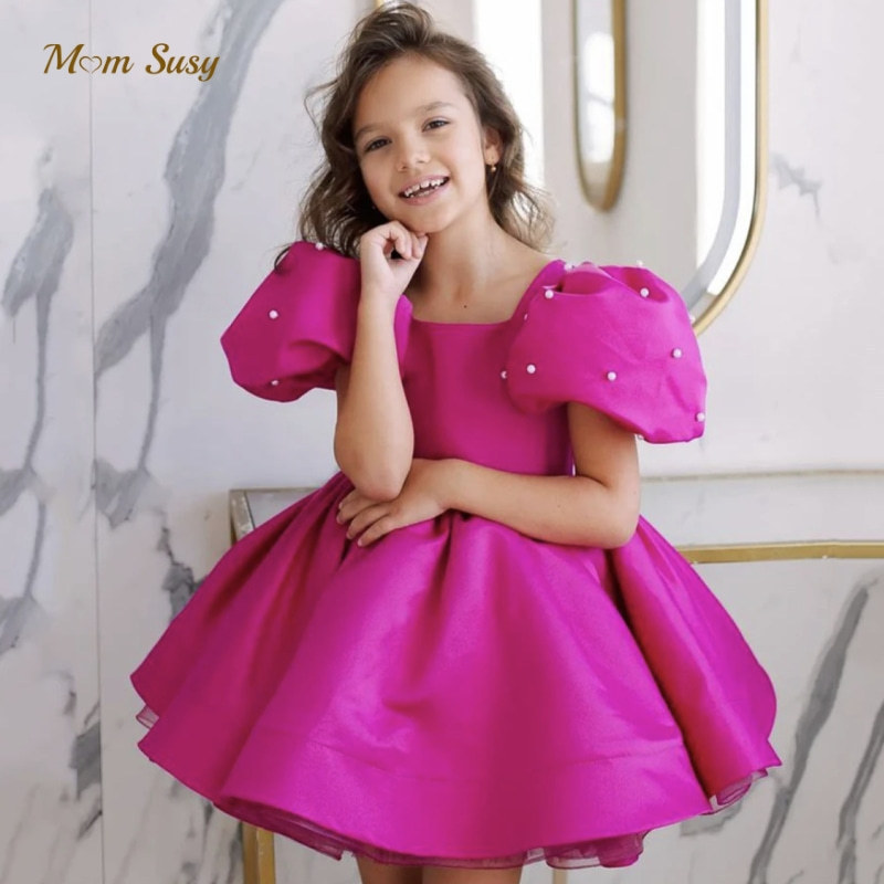 Abito rosa a maniche a sbuffo con perle per bambina outfit danza_voghion.com