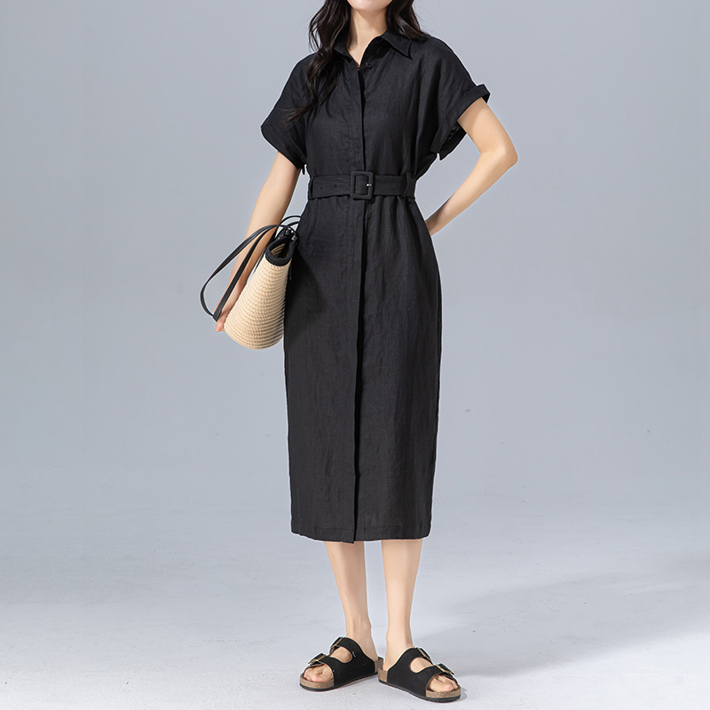 Đầm sơ mi nữ tay ngắn thắt eo chất liệu linen dáng dài — màu đen