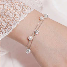 欧美跨境气质人造珍珠和锆石球装饰手链时尚分层链条饰品手链礼物