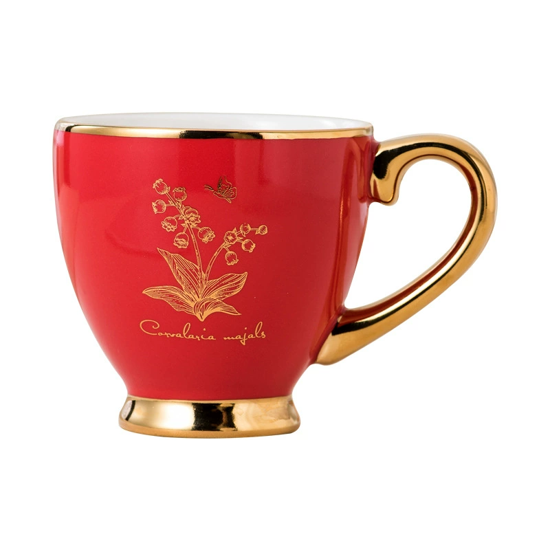 Керамическая чашка с гальваническим покрытием 280 мл, легкая роскошь — золотой кант и ручка с цветочным узором