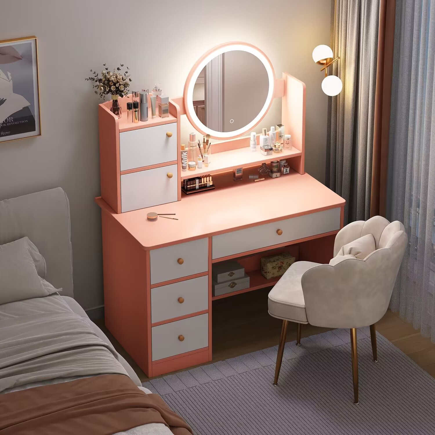 Tocador para dormitorios pequeños, sencillo y moderno, con gabinete de almacenamiento integrado, mini escritorio de maquillaje para apartamentos pequeños.