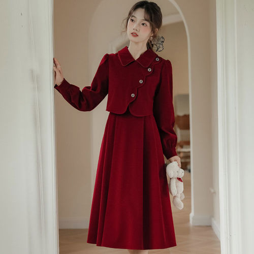 红色丝绒连衣裙秋冬新中式改良旗袍假两件小个子订婚回门礼服长裙