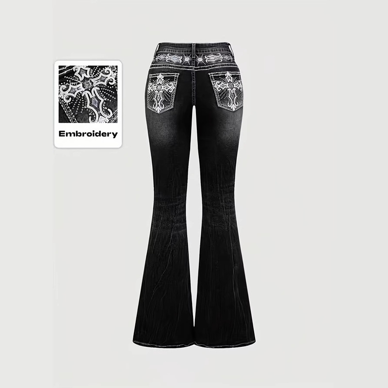 【Cross-Border Hot Item】Women's Elegant and Fashionable Versatile Denim Flared Long Pants with Back Pocket Embroidery Design and Rhinestone Decoration 【Cross-Border Hot Item】Women's Elegant and Fashionable Versatile Denim Flared Long Pants with Back Pocket Embroidery Design and Rhinestone Decoration
