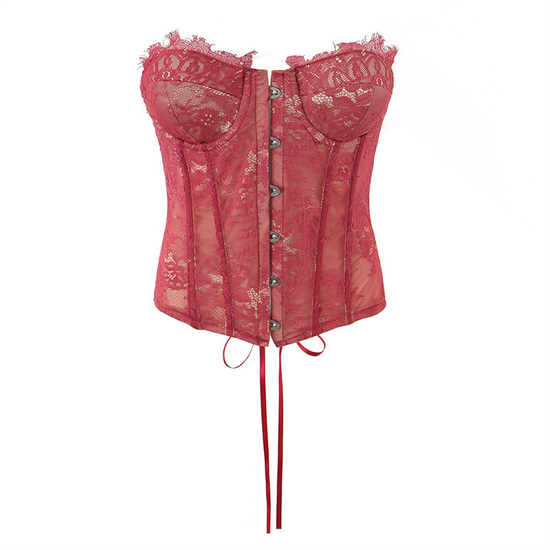 Burgundy lace strapless corset top with front buttons and back lacing, slim-fit, sexy and alluring, short style for women Burgundy lace strapless corset top with front buttons and back lacing, slim-fit, sexy and alluring, short style for women
