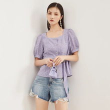 一手货源【佳人苑】品牌专柜撤柜！韩版方领花纹收腰短袖衬衫25夏