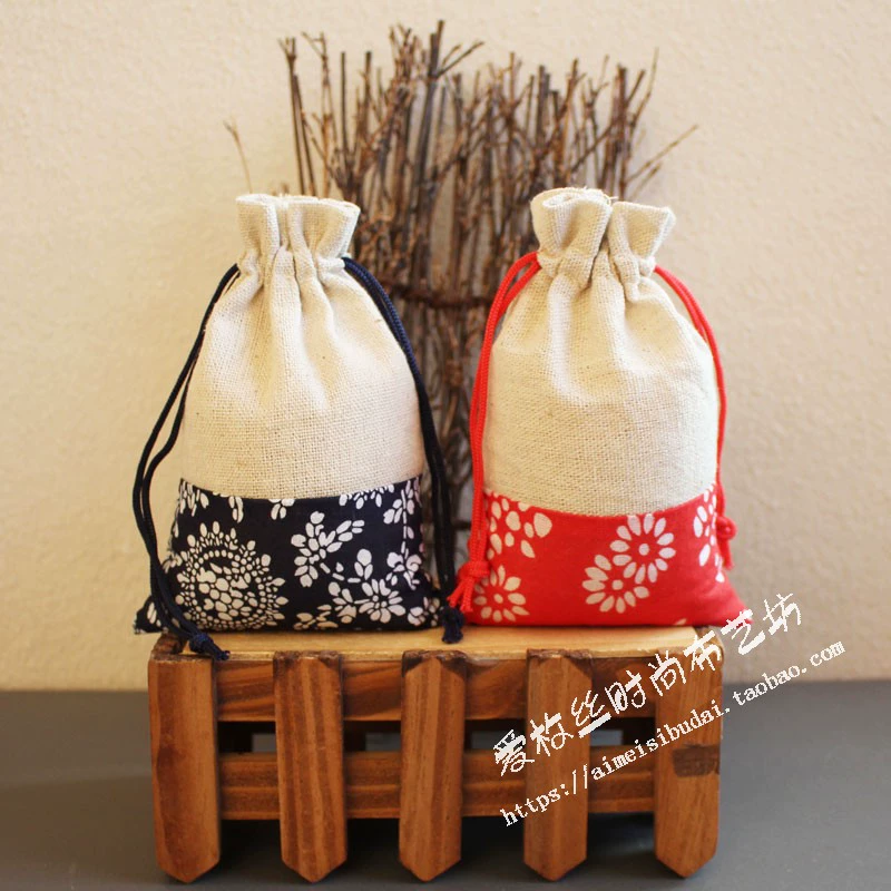 Cloth bag, Chinese style, drawstring, cotton and linen, for luck