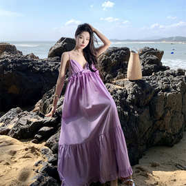 外贸高级感摆苎麻织物浪漫花边连衣裙V领舒适宽松度假吊带裙0285