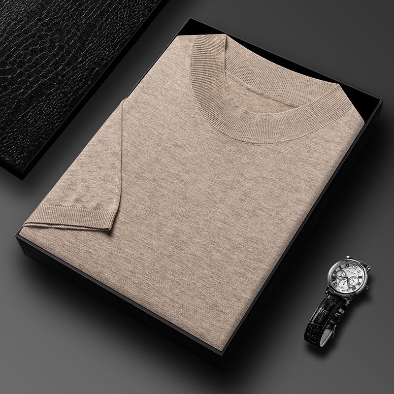 Light Luxury High-end 120 Worsted All Wool T-shirt Knitted Half-sleeved Top Men's Short-sleeved Wool Sweater Thin Base Light Luxury High-end 120 Worsted All Wool T-shirt Knitted Half-sleeved Top Men's Short-sleeved Wool Sweater Thin Base