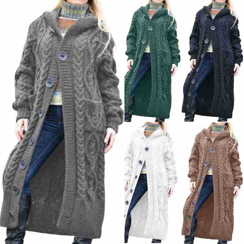 Suéter Largo de Punto con Botones y Capucha para Mujer, Color Sólido, Estilo Cardigan, Novedad Otoño-Invierno 2025, Comercio Exterior Transfronterizo, Amazon