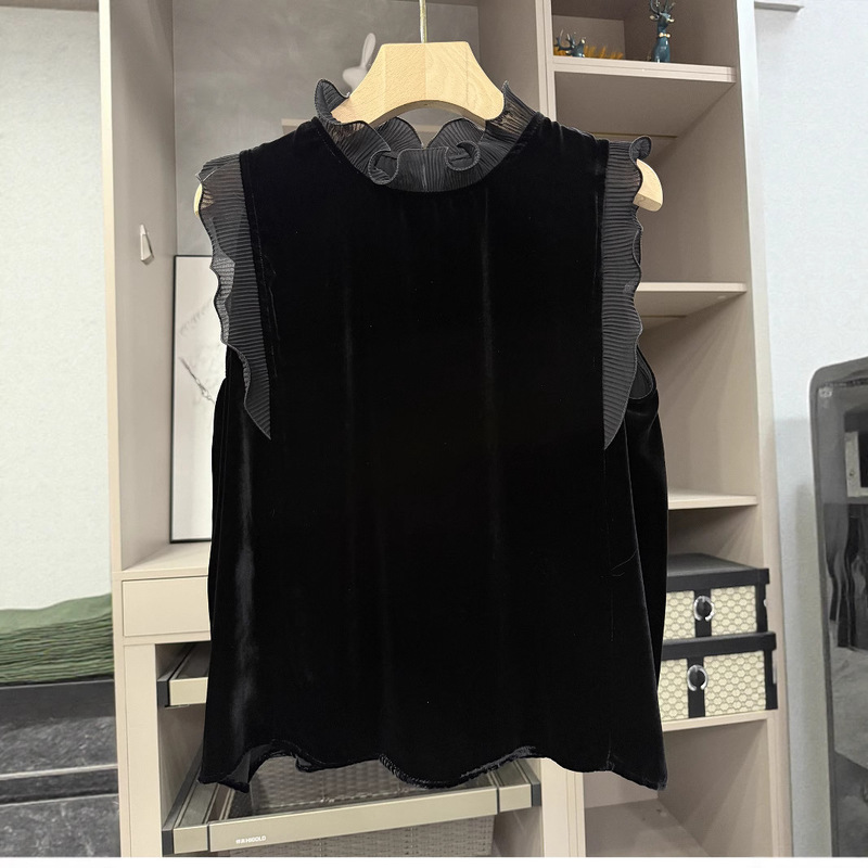 2025 New Summer Style Age-Reducing Slimming Shirt, Fashionable Velvet Splicing Lace Slimming Sleeveless Versatile Top