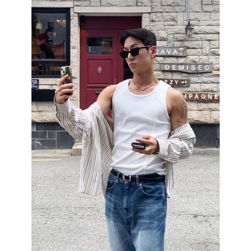 White sleeveless denim shirt men's summer American casual versatile old man's shirt sports fitness textured t-shirt