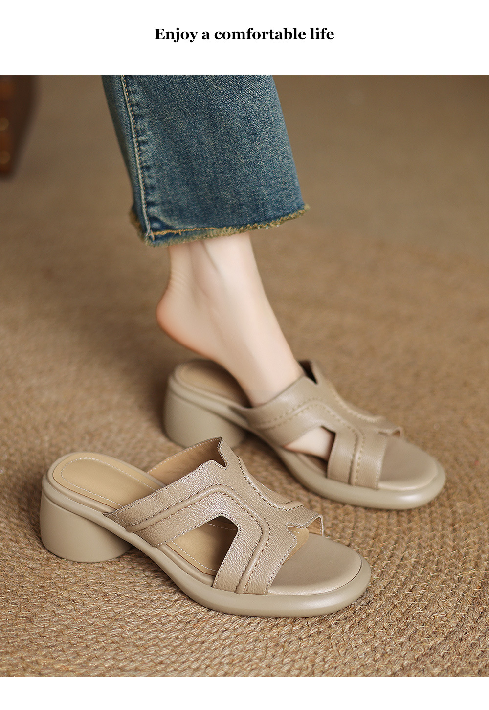 Dép sandal nữ da cừu hở ngón quai ngang gót 4,5 cm — Màu trắng be chi tiết 9