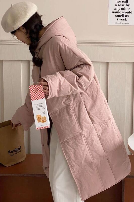 Mid-Length down Jacket for Women Winter 2025 New Korean Style Hooded Thickeneded Small White Duck down Over-The-Knee Jacket