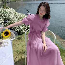 紫色超仙甜美连衣裙女夏季新款韩系宽松版气质仙女裙遮肉流光长裙