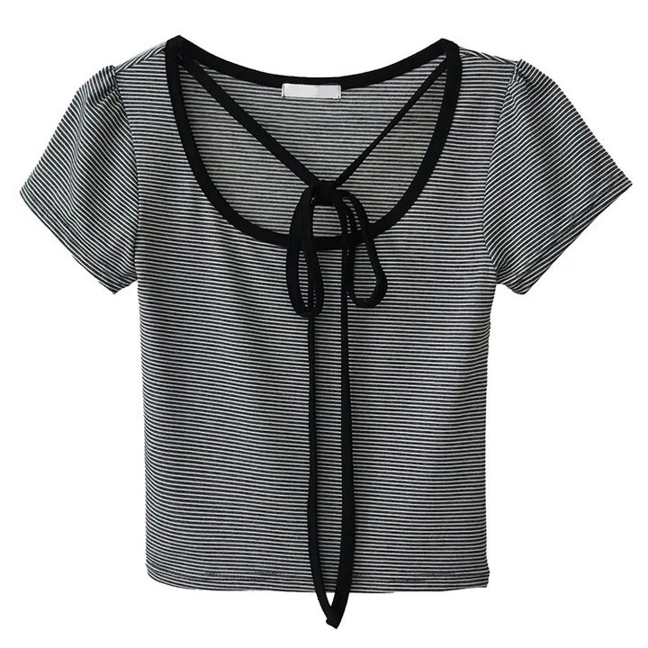 Striped Color-Blocked Tie-Neck Short-Sleeve T-Shirt Cross-Border Square-Neck Gentle Style Basic Versatile Top Vacation Style