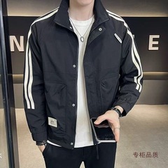 美式休闲立领夹克男2025春秋帅气百搭工装外套男条纹上衣服潮牌