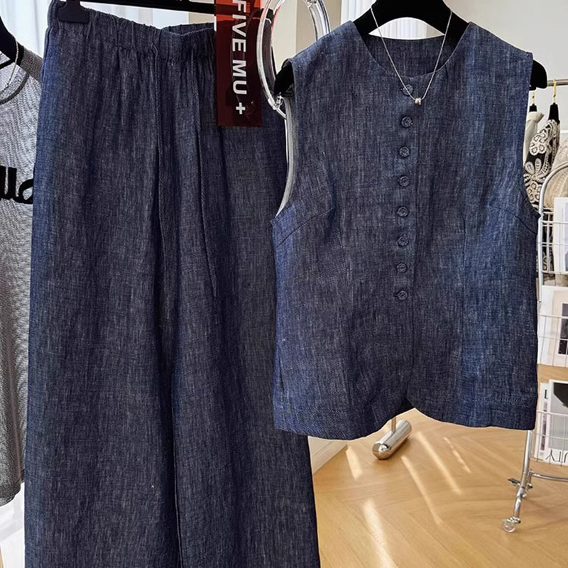 オールドマネースタイルリラックスイミテーションリネンデニムスーツ女性の夏のレトロハイエンドノースリーブベストズボン通勤トレンド|undefined