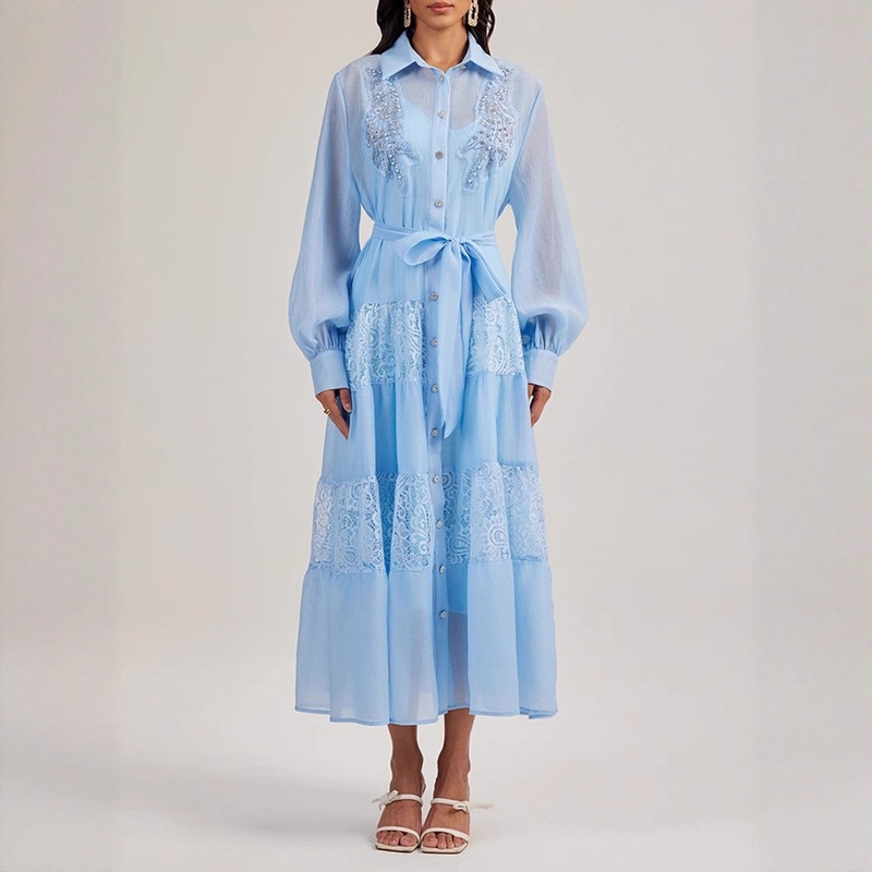 Early Autumn European and American Niche Ladylike Temperament Beaded Embroidery Lace Splicing Loose Large Hem Shirt Dress