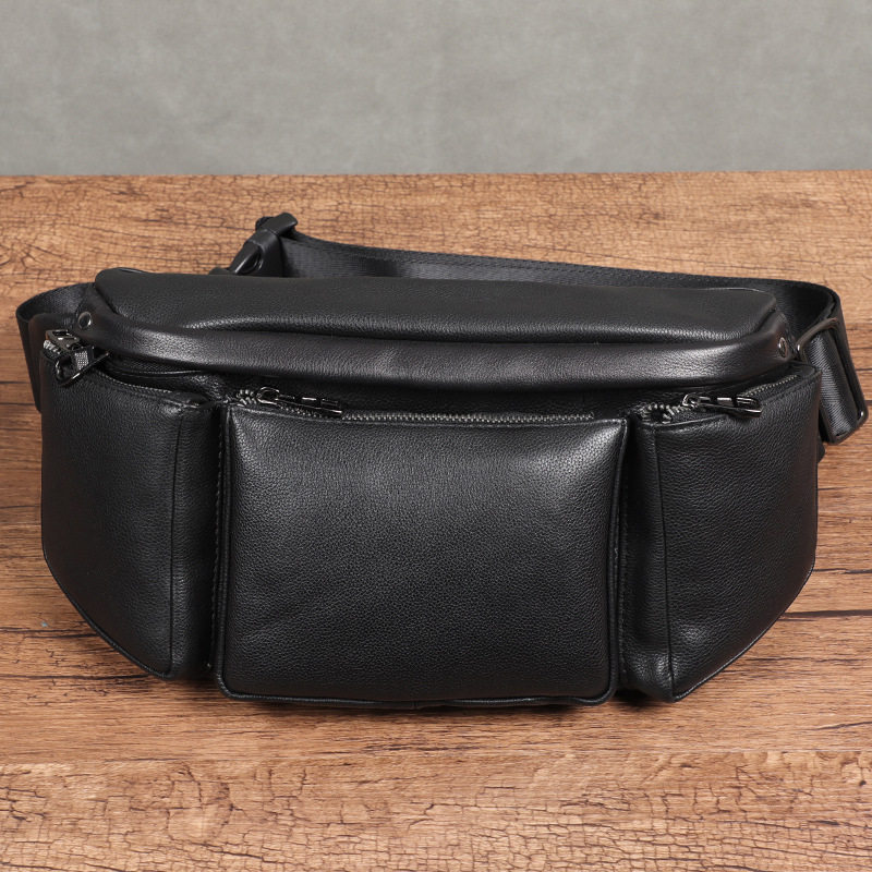 Túi đeo chéo nam da bò lớp đầu tiên, túi đeo ngực dung tích lớn chống trộm 17×7×13 cm — Màu đen