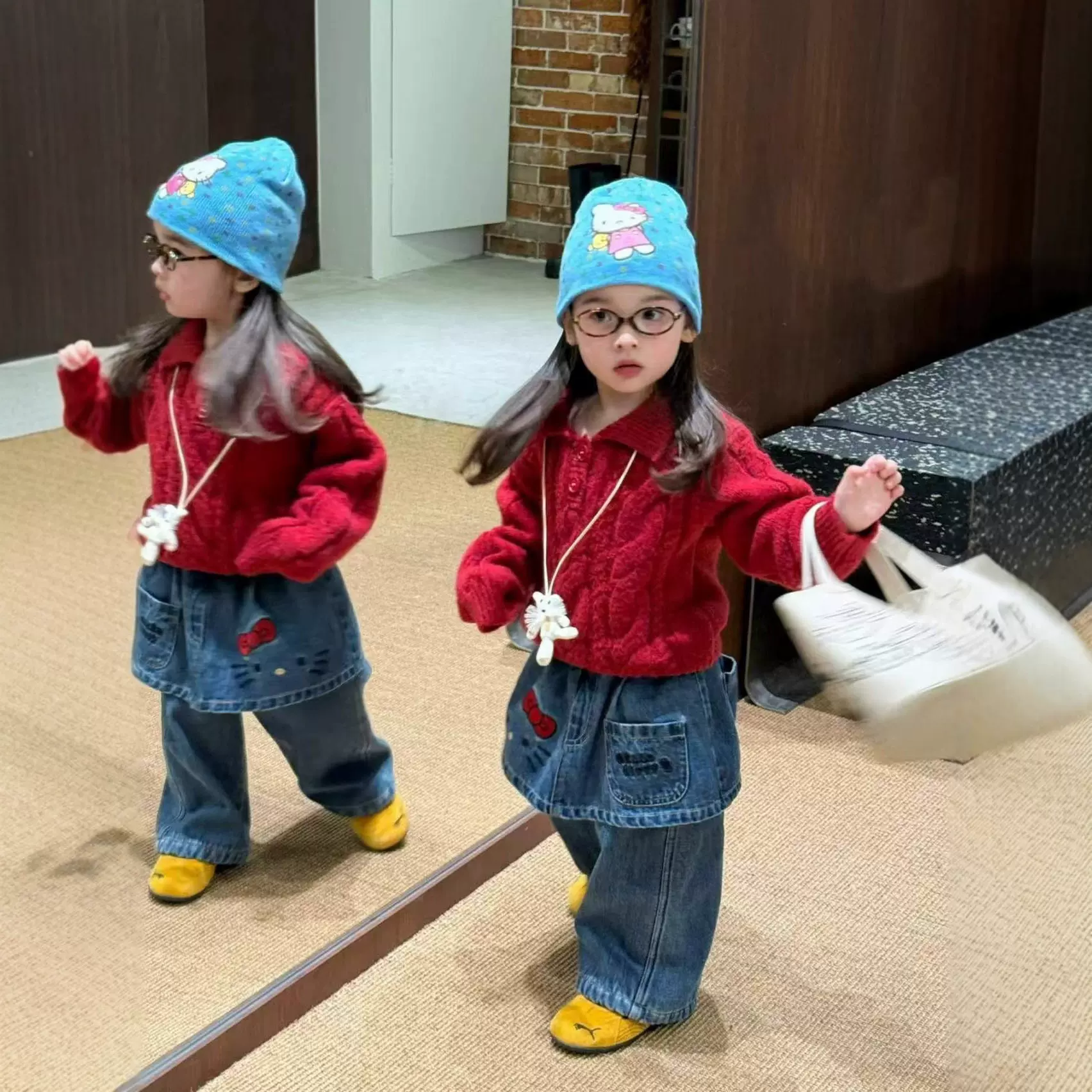 韩国童套装25秋冬季新款女童小童韩版麻花厚毛衣KT猫加绒牛仔裙裤