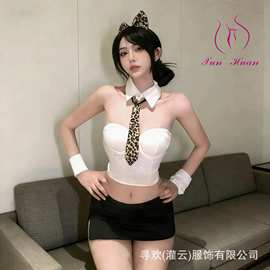 寻欢网红式辣妹豹纹领带抹胸吊带背心情趣内衣OL秘书职业装套装