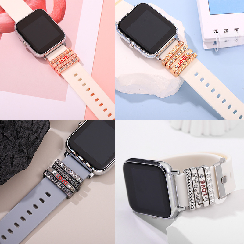 適用?apple watch硅膠手錶帶裝飾環四件套LOVE個性情侶錶帶裝飾扣