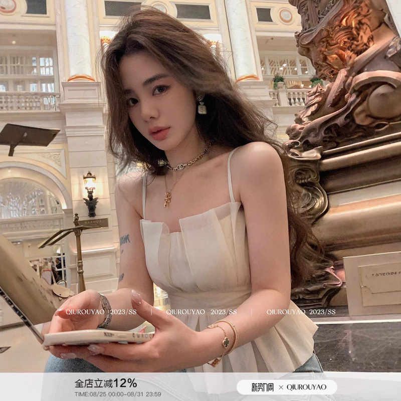 Qiu Rouyao's New Summer Style Organza Slim-Fit Camisole Top for Women, Sweet and Spicy Style, Sleeveless Thin Outerwear