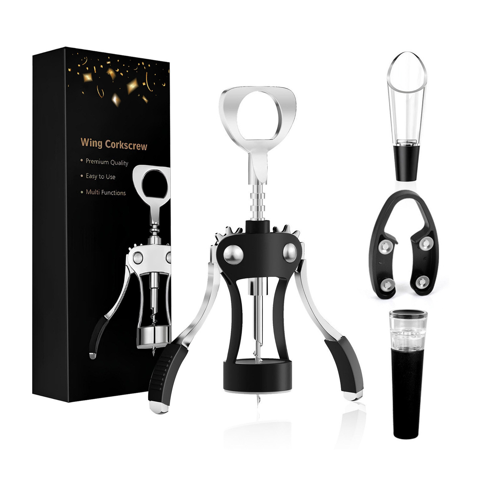 블랙 윙 병따개 4종 세트(진공펌프+커터+와인 가이드)