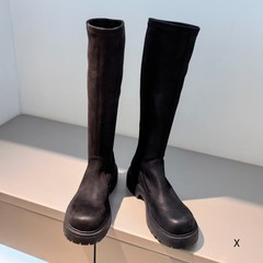 欧洲站XJ女鞋25冬简约时尚弹力布圆头休闲舒适套筒厚平底弹力长靴