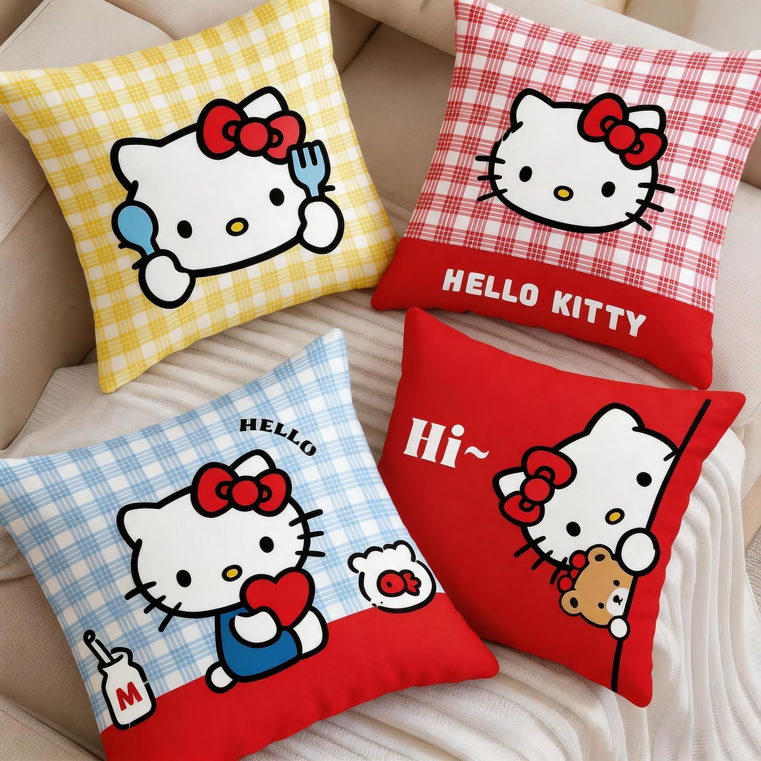 Cute Cartoon Kitten Pillow, Hello Kitty Peripheral Cushion, Girly Plaid Nap Pillow, Birthday Gift