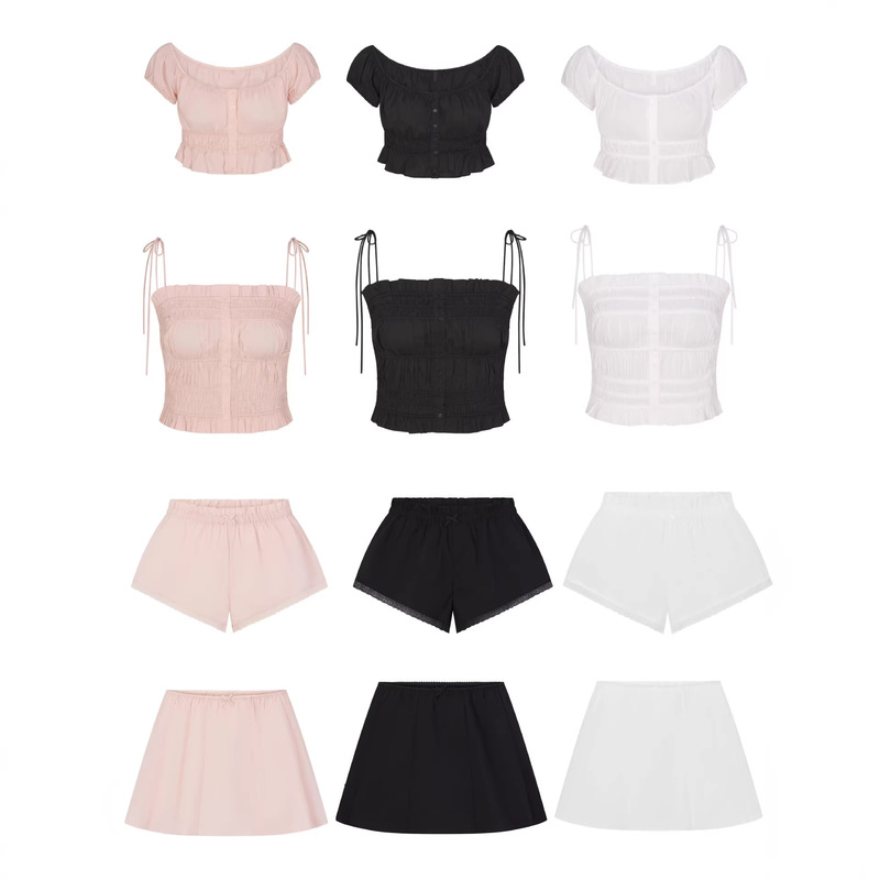 Skims New Summer Style Hot Girl Square-Neck Puff-Sleeve Slim-Fit Suspender Top Casual Versatile Short Skirt Set