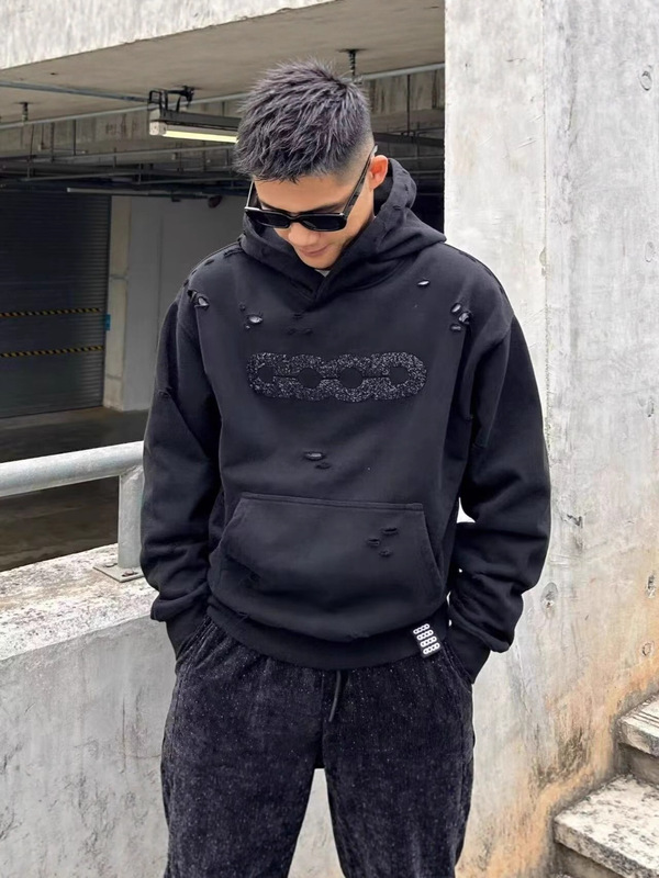 钻碎破洞连帽卫衣男女同款领长袖卫衣轻奢时尚连帽卫衣老白同款男|undefined