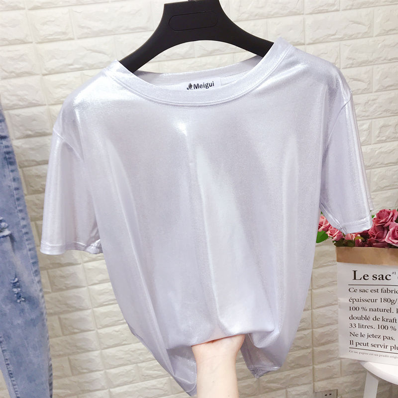 Round Neck Pearlescent Shiny Short-Sleeved T-Shirt Women's ins Trendy Glitter Reflective Silver Loose Performance Costume Top Summer Shirt