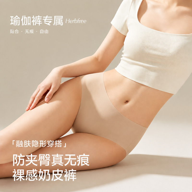 Seamless Underwear for Women, Yoga Sports, Non-Pinching, Ice Silk, Invisible Mid-Waist, 10A Antibacterial, Extended Crotch Underwear for Girls