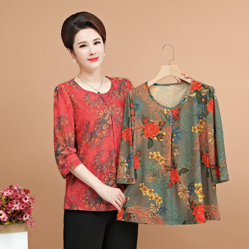 New Summer Clothes for Middle-Aged and Elderly Mothers, Mid-Sleeve Loose T-Shirts, Middle-Aged Women's Shirts, Spring and Autum Large Size Long-Sleeved Tops