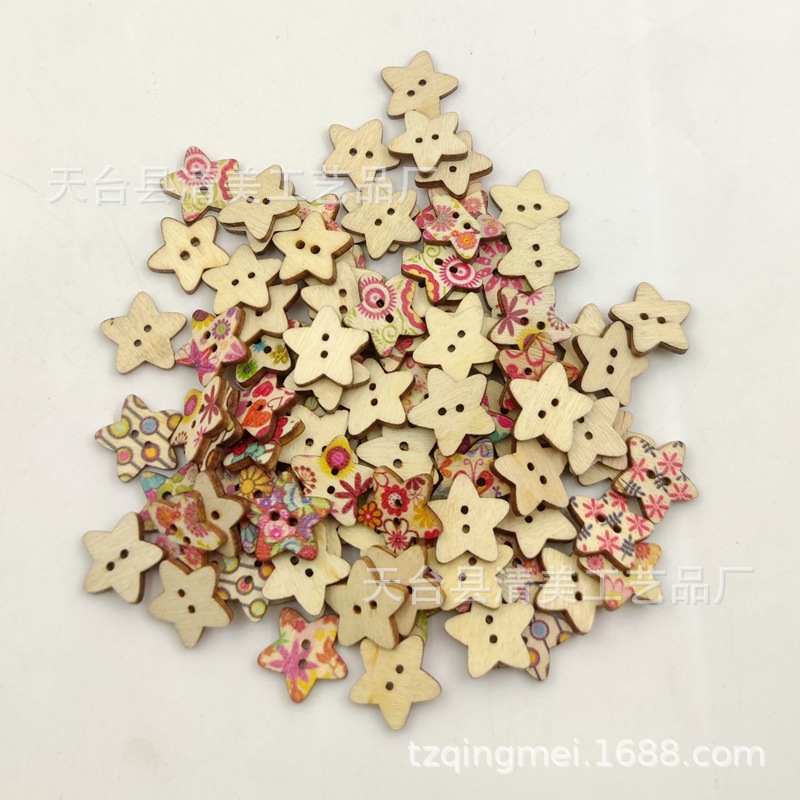 Cuadrado de madera contrachapada de 15mm/Estrella de cinco puntas/Corazón de amor/botón de madera de ciruela botón cuadrado de impresión en color de madera