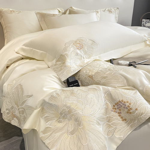 Light Luxury 60-count Long-staple Cotton Pure Cotton Four-piece Set Simple Embroidery Solid Color Duvet Cover Bed Sheet All-Cotton Bed Skirt Bedding
