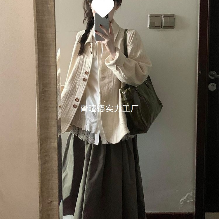 叠穿套装女秋冬新款蕾丝花边娃娃领衬衫松紧腰假两件半身裙长裙