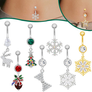 European and American Cross-Border Titanium Alloy Navel Ring with Diamond Navel Button Christmas Snowflake Navel Nail Manufacturer Ready-Made Piercing Jewelry