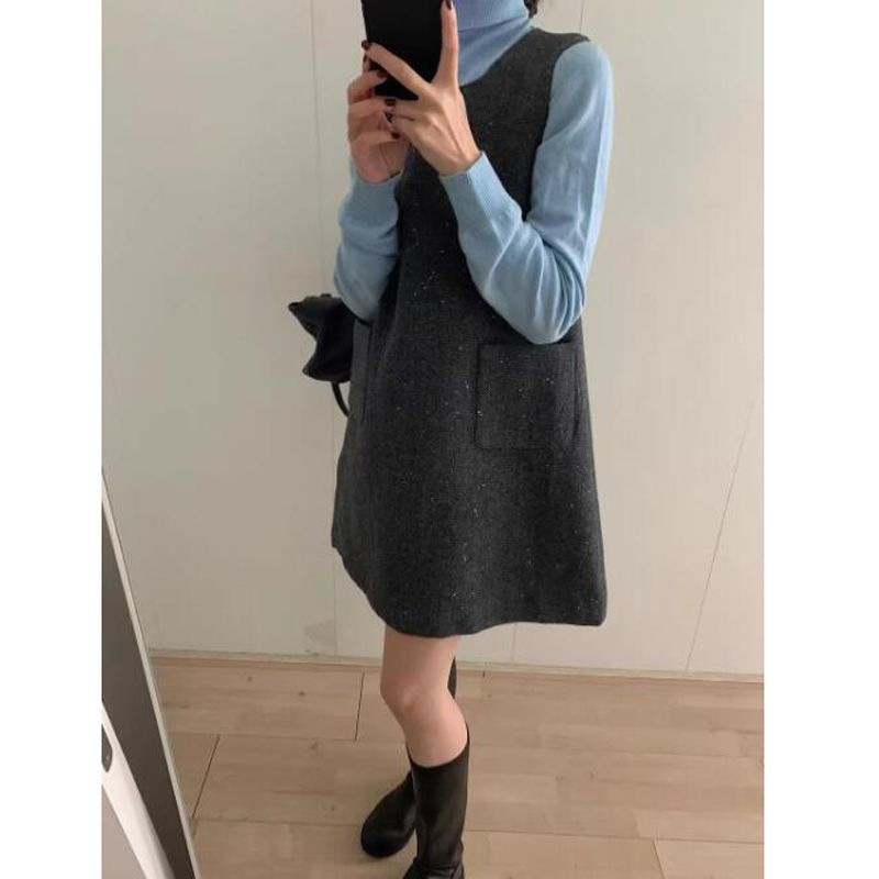 新品毛呢背心连衣裙女2025春秋冬季新款显瘦不规则无袖百搭短裙|undefined