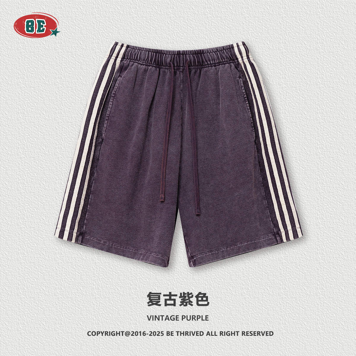 BE Men's Wear 2025 Summer Europa y Estados Unidos marca de moda lavado pantalones cortos casuales sueltos laterales de tres barras de gran tamaño pantalones de cinco puntos hombres