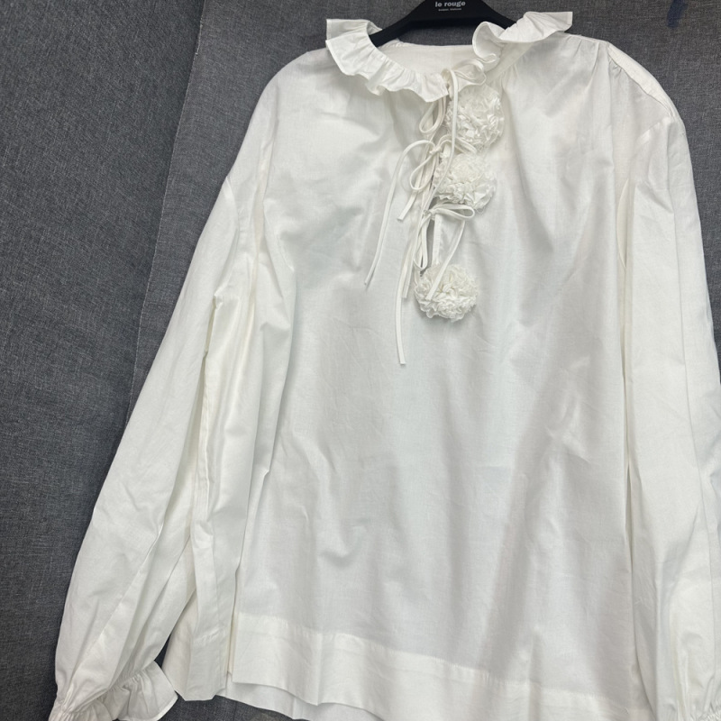 le rouge周美美 温情手作vintage毛边花朵白色绑带灯笼袖衬衫|undefined