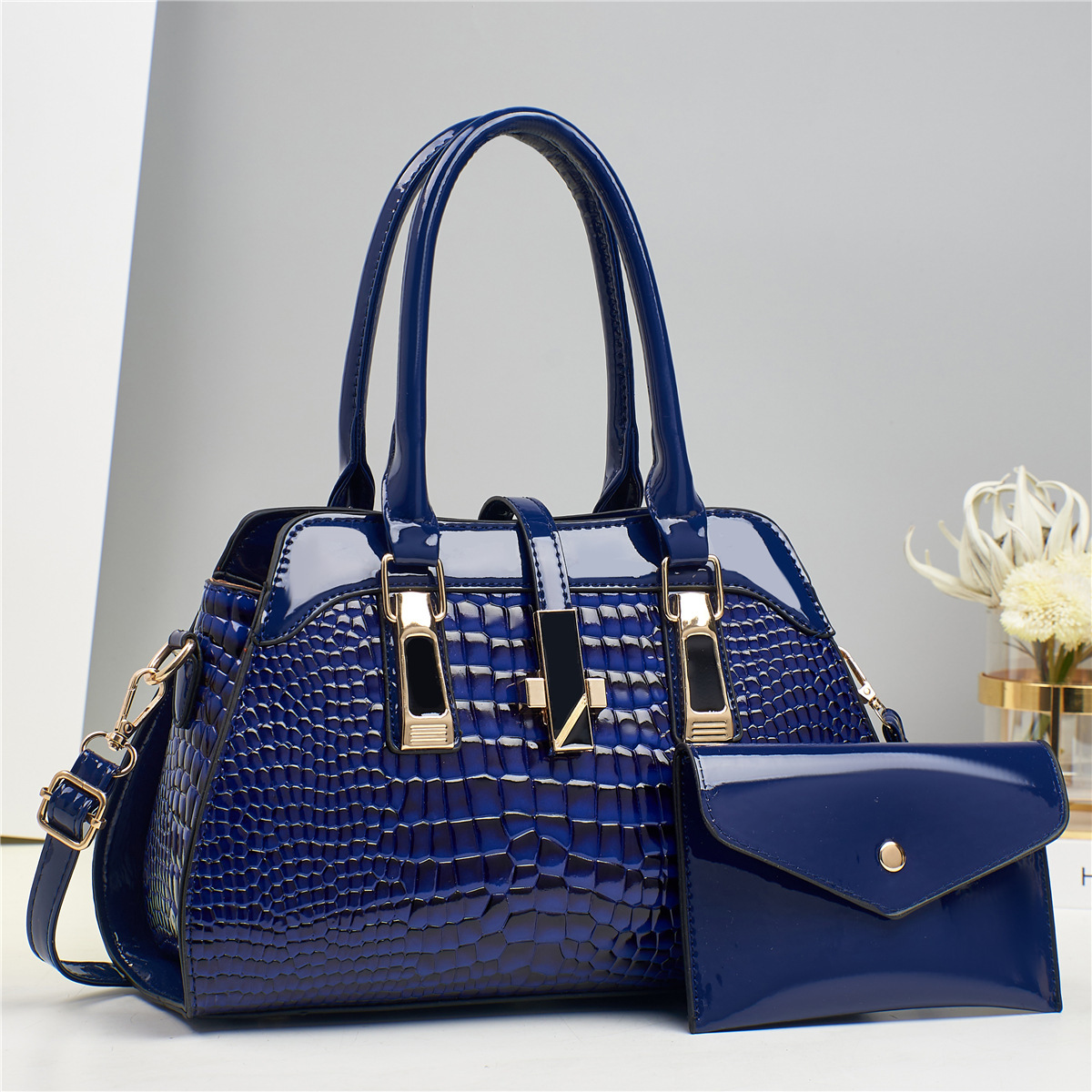 Platinum Shiny Leather Handbag Set With Matching Pouch, Taizhou Women's Crocodile Embossed Shoulder And Crossbody Bag - Thumbnail 6